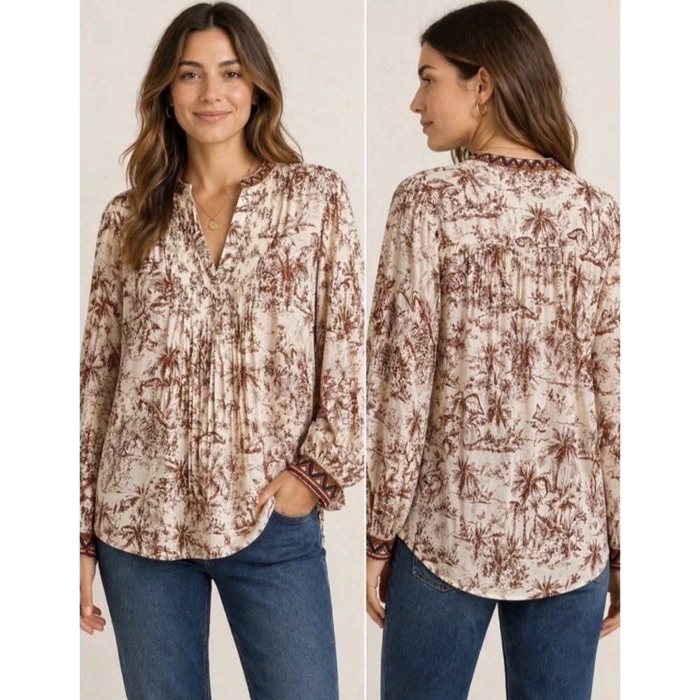 Johnny Was Jade Safari Jungle Toile Print Tunic Top‎ Sz XS Embroidered